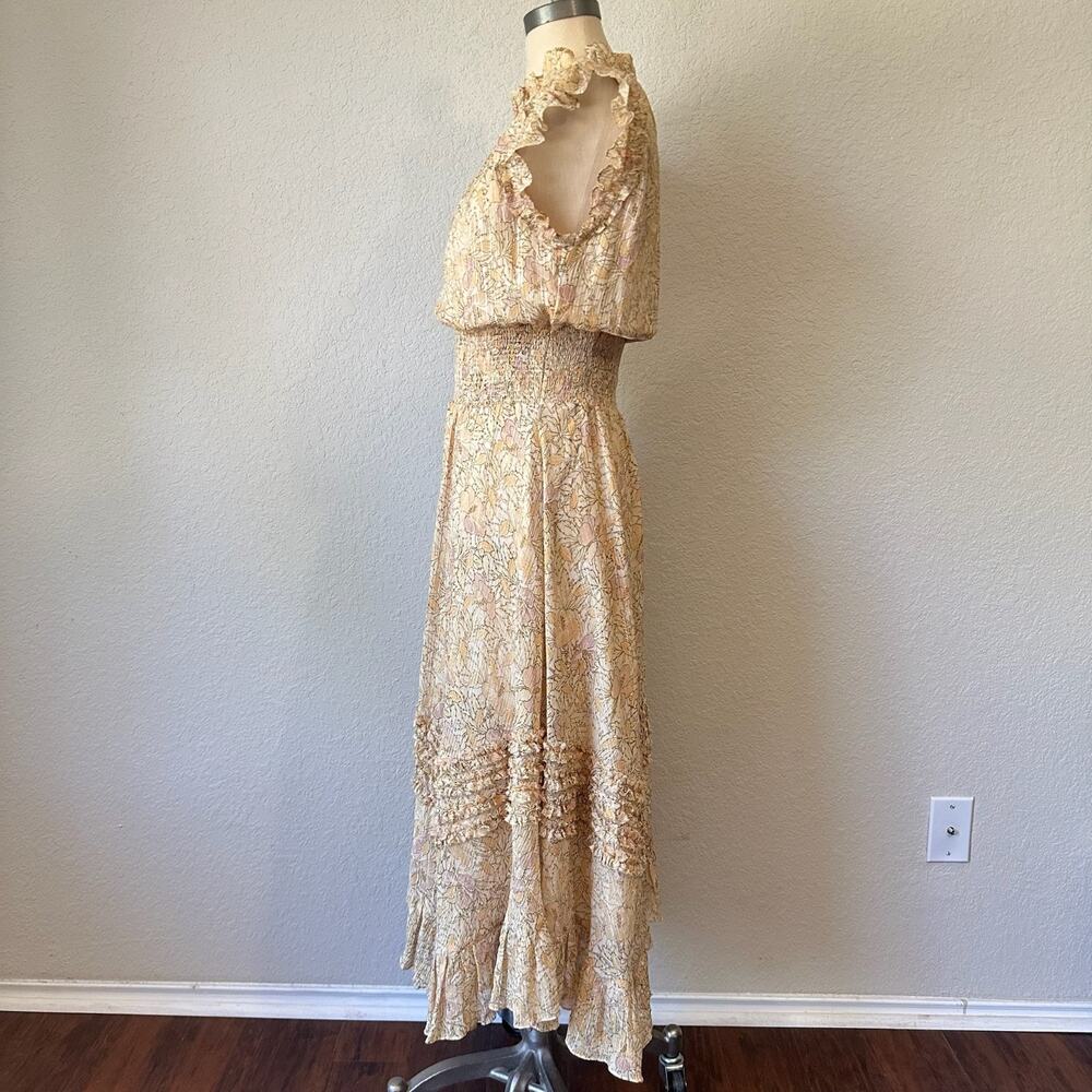 REBECCA TAYLOR Dress Cream Floral Silk Ruffled Smocked Metallic Party - Picture 6 of 12
